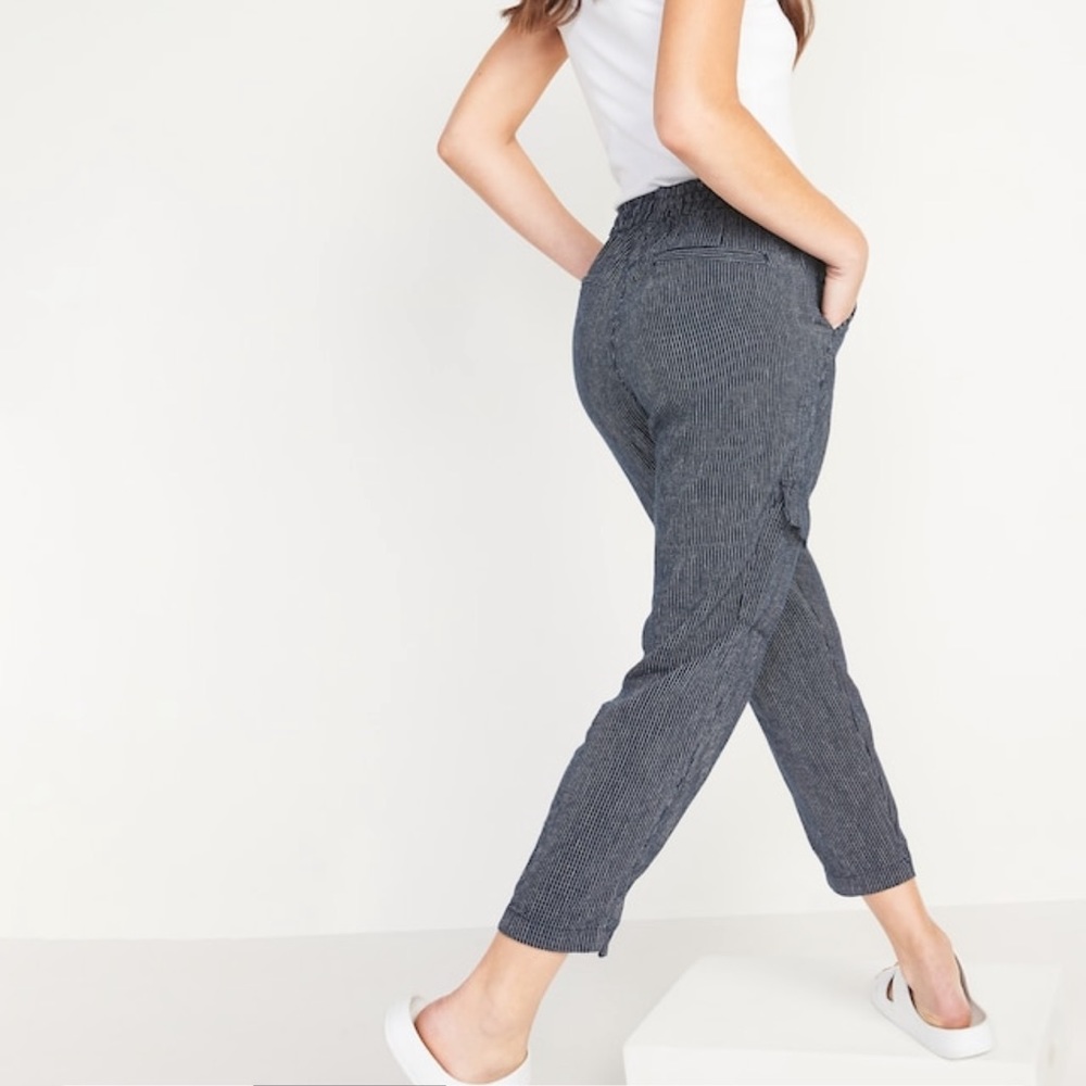 Old Navy Mid-Rise Pinstriped Linen-Blend Cargo Pants, Size Medium, NWT